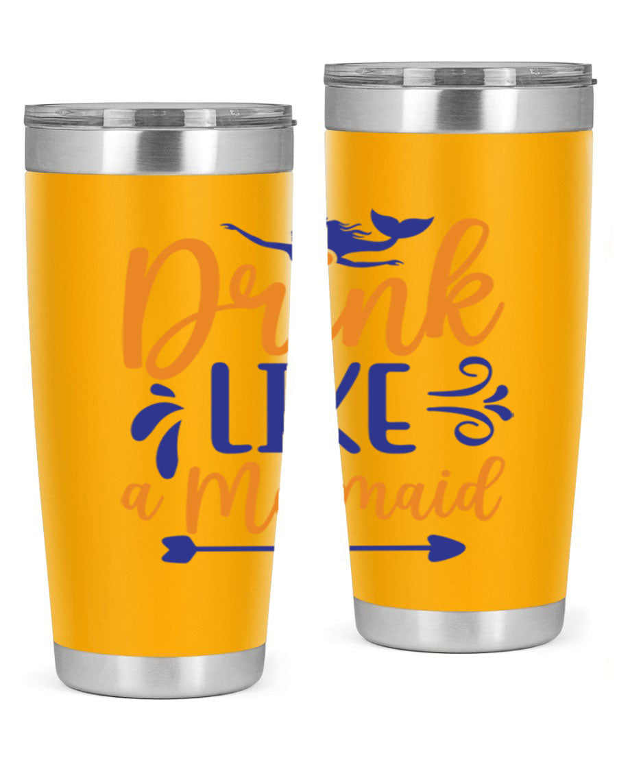 Drink Like a Mermaid 20oz Tumbler featuring a vibrant mermaid design, double wall vacuum insulation, and a drink-thru lid.