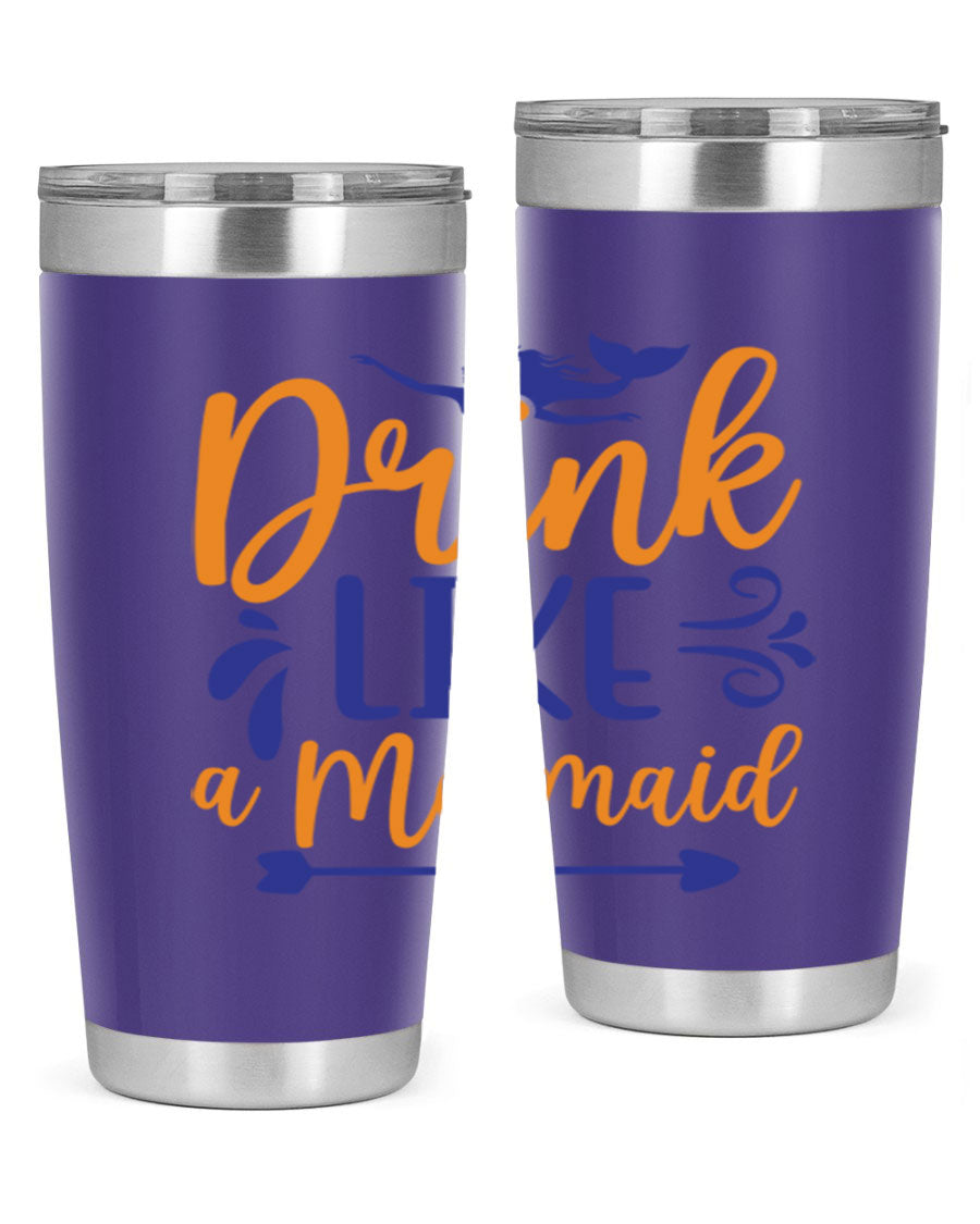 Drink Like a Mermaid 20oz Tumbler featuring a vibrant mermaid design, double wall vacuum insulation, and a drink-thru lid.