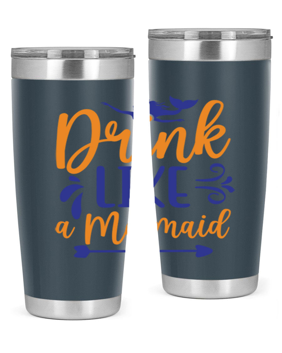 Drink Like a Mermaid 20oz Tumbler featuring a vibrant mermaid design, double wall vacuum insulation, and a drink-thru lid.