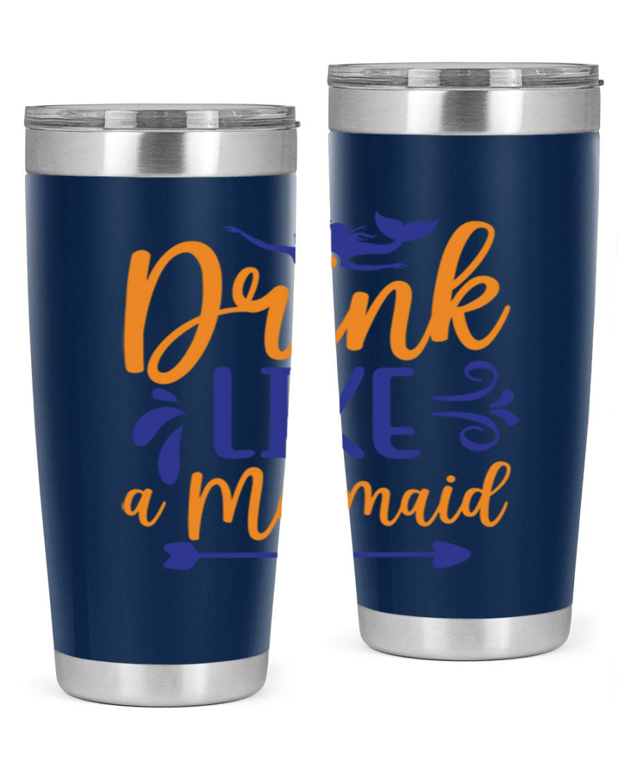 Drink Like a Mermaid 20oz Tumbler featuring a vibrant mermaid design, double wall vacuum insulation, and a drink-thru lid.