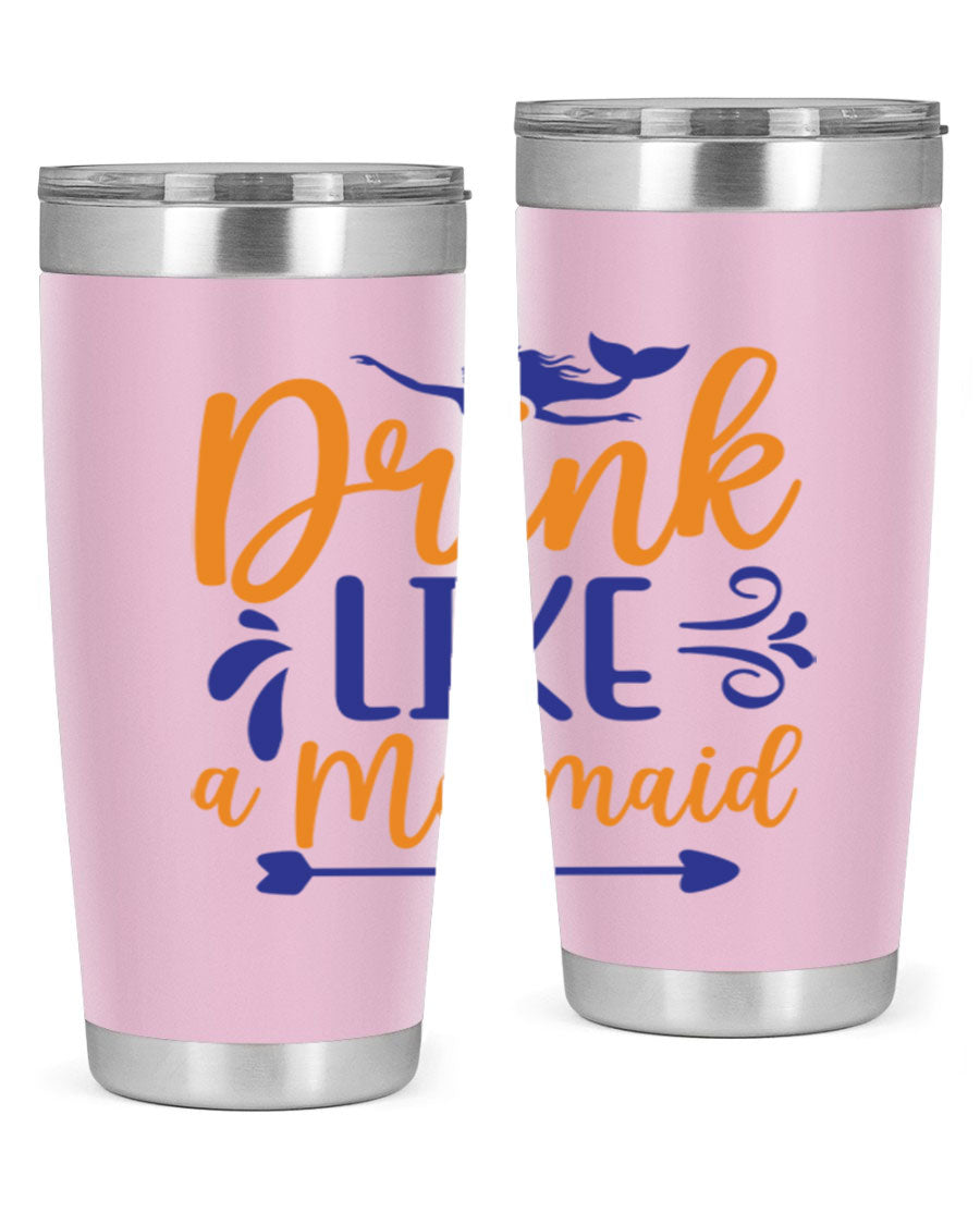 Drink Like a Mermaid 20oz Tumbler featuring a vibrant mermaid design, double wall vacuum insulation, and a drink-thru lid.