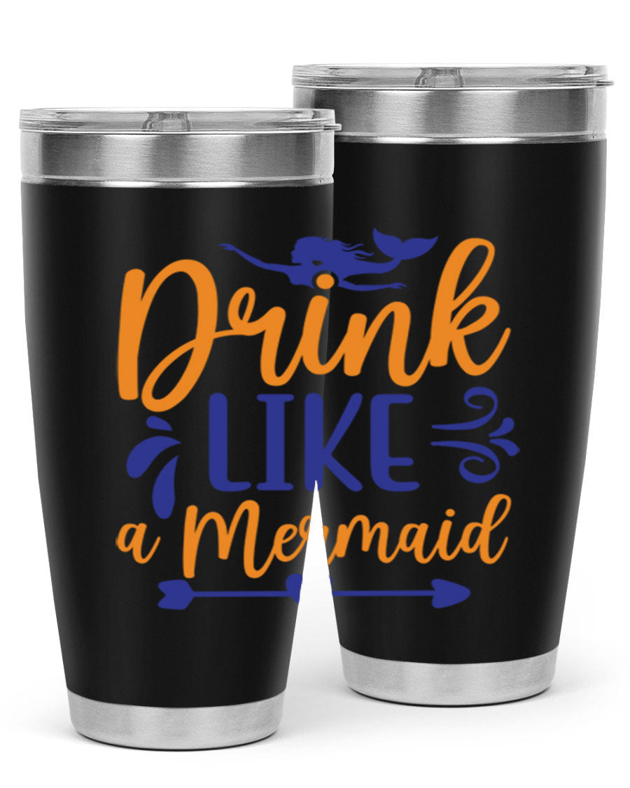 Drink Like a Mermaid 20oz Tumbler featuring a vibrant mermaid design, double wall vacuum insulation, and a drink-thru lid.