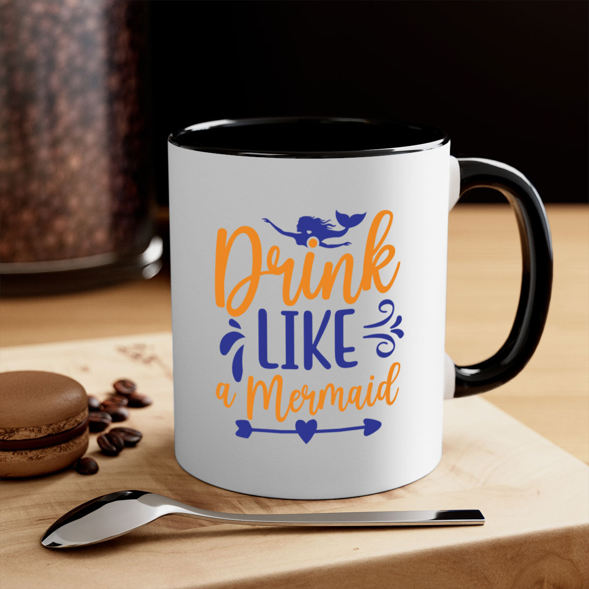 Drink Like a Mermaid 137# Mug featuring a glossy finish, colorful handle, and interior, available in multiple sizes.