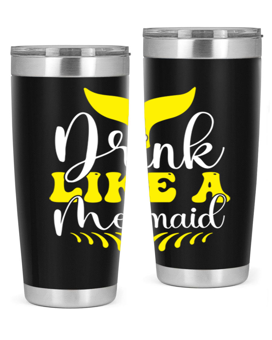 Drink Like a Mermaid 20oz Tumbler featuring a vibrant mermaid design, double wall vacuum stainless steel construction, and a drink-thru lid.