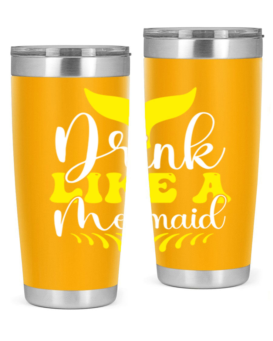 Drink Like a Mermaid 20oz Tumbler featuring a vibrant mermaid design, double wall vacuum stainless steel construction, and a drink-thru lid.