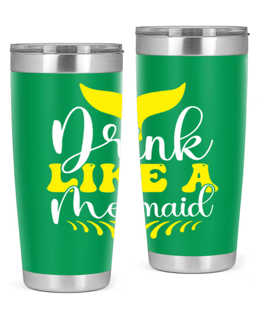 Drink Like a Mermaid 20oz Tumbler featuring a vibrant mermaid design, double wall vacuum stainless steel construction, and a drink-thru lid.