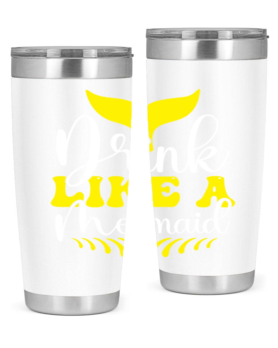Drink Like a Mermaid 20oz Tumbler featuring a vibrant mermaid design, double wall vacuum stainless steel construction, and a drink-thru lid.