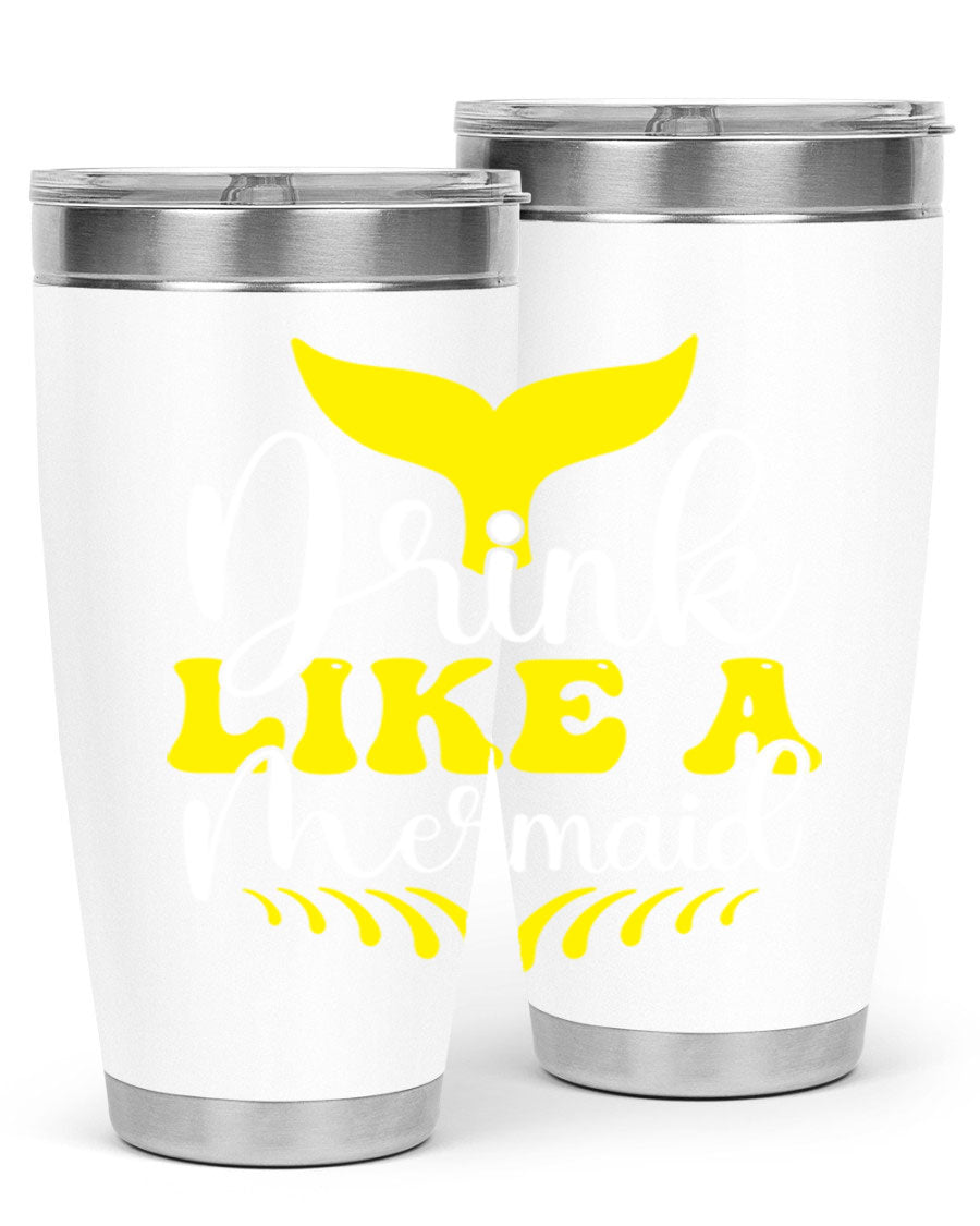 Drink Like a Mermaid 20oz Tumbler featuring a vibrant mermaid design, double wall vacuum stainless steel construction, and a drink-thru lid.