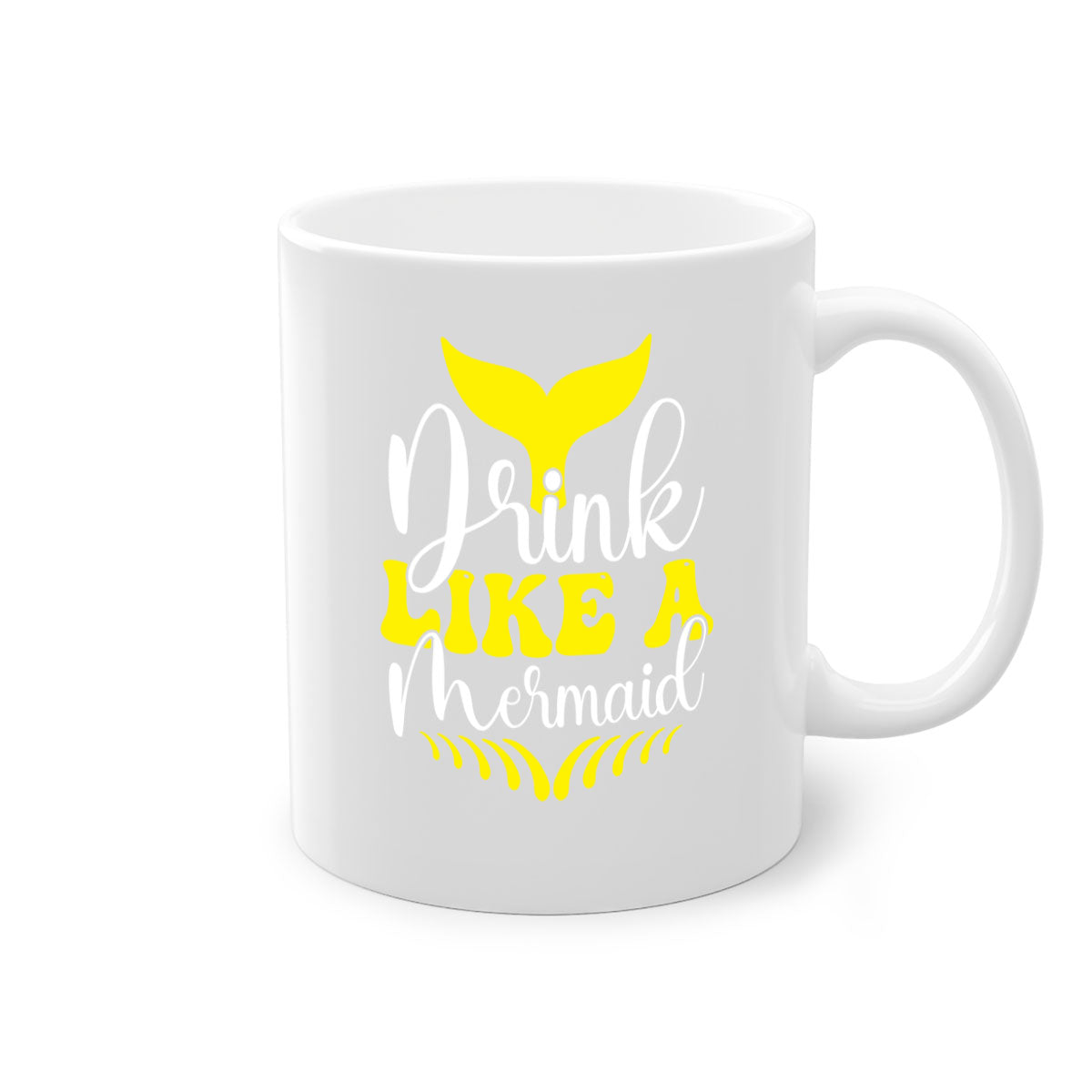 Drink Like a Mermaid Mug with colorful handle and glossy finish, available in multiple colors and sizes.