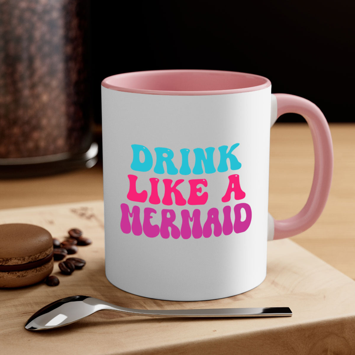 Drink Like A Mermaid Mug featuring a glossy finish, colorful handle, and interior, available in multiple colors and sizes.