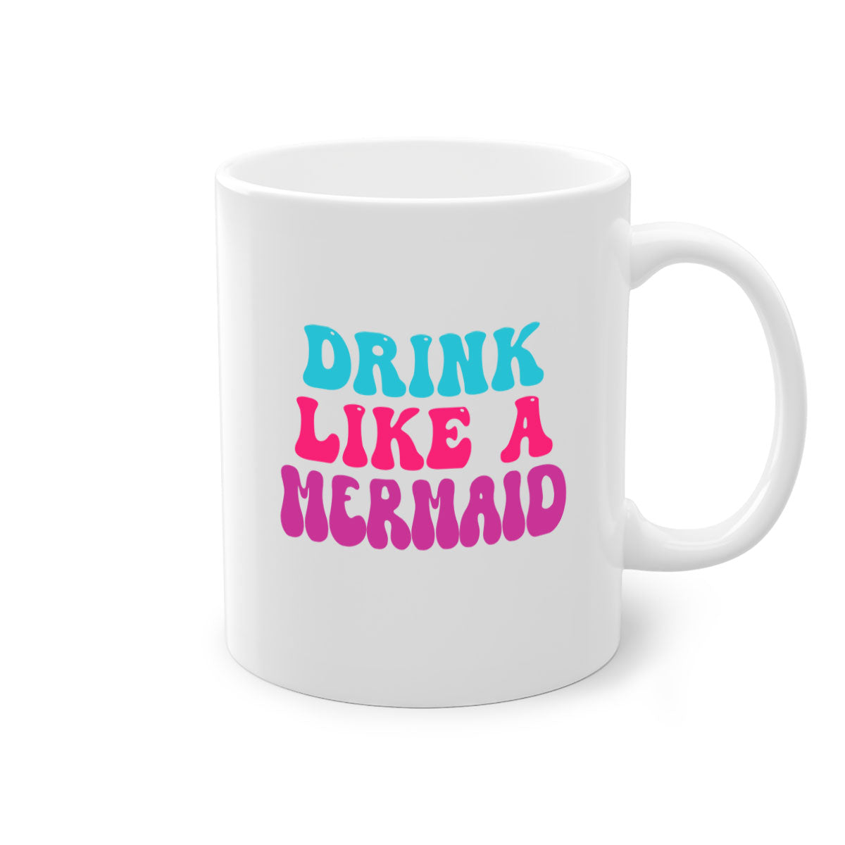 Drink Like A Mermaid Mug featuring a glossy finish, colorful handle, and interior, available in multiple colors and sizes.