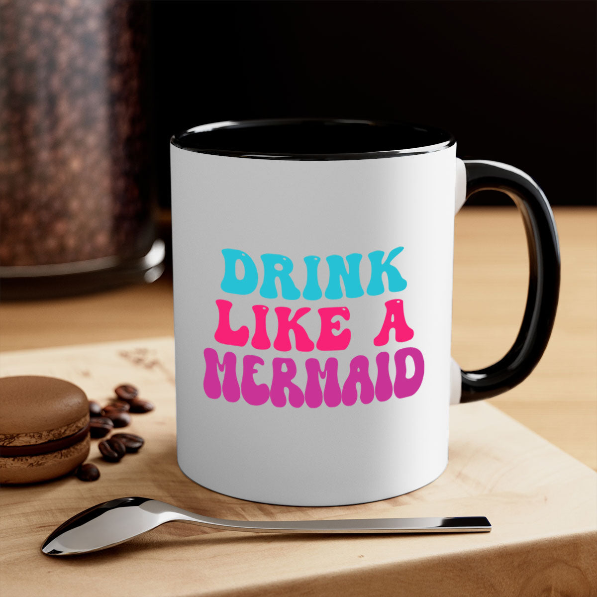 Drink Like A Mermaid Mug featuring a glossy finish, colorful handle, and interior, available in multiple colors and sizes.