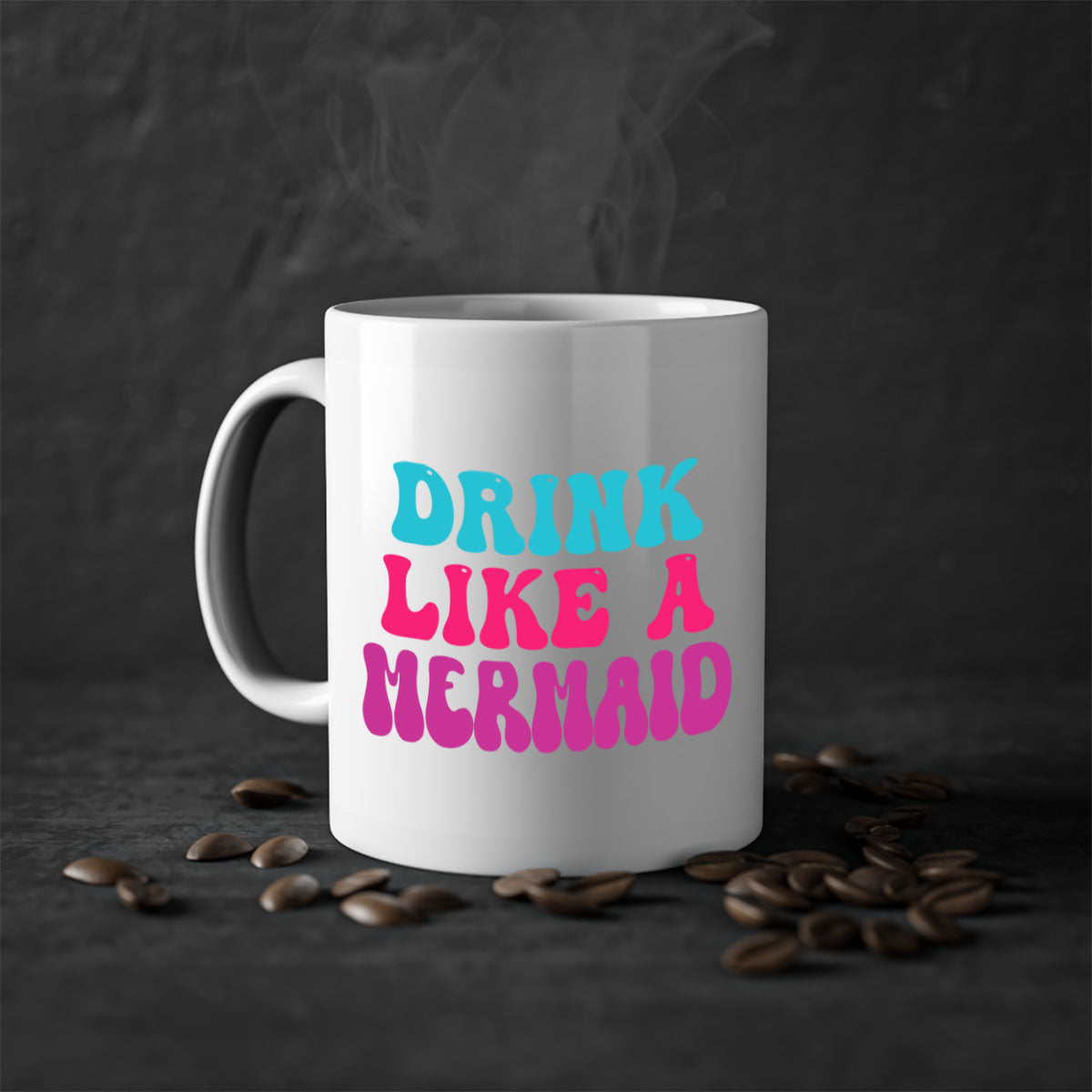 Drink Like A Mermaid Mug featuring a glossy finish, colorful handle, and interior, available in multiple colors and sizes.
