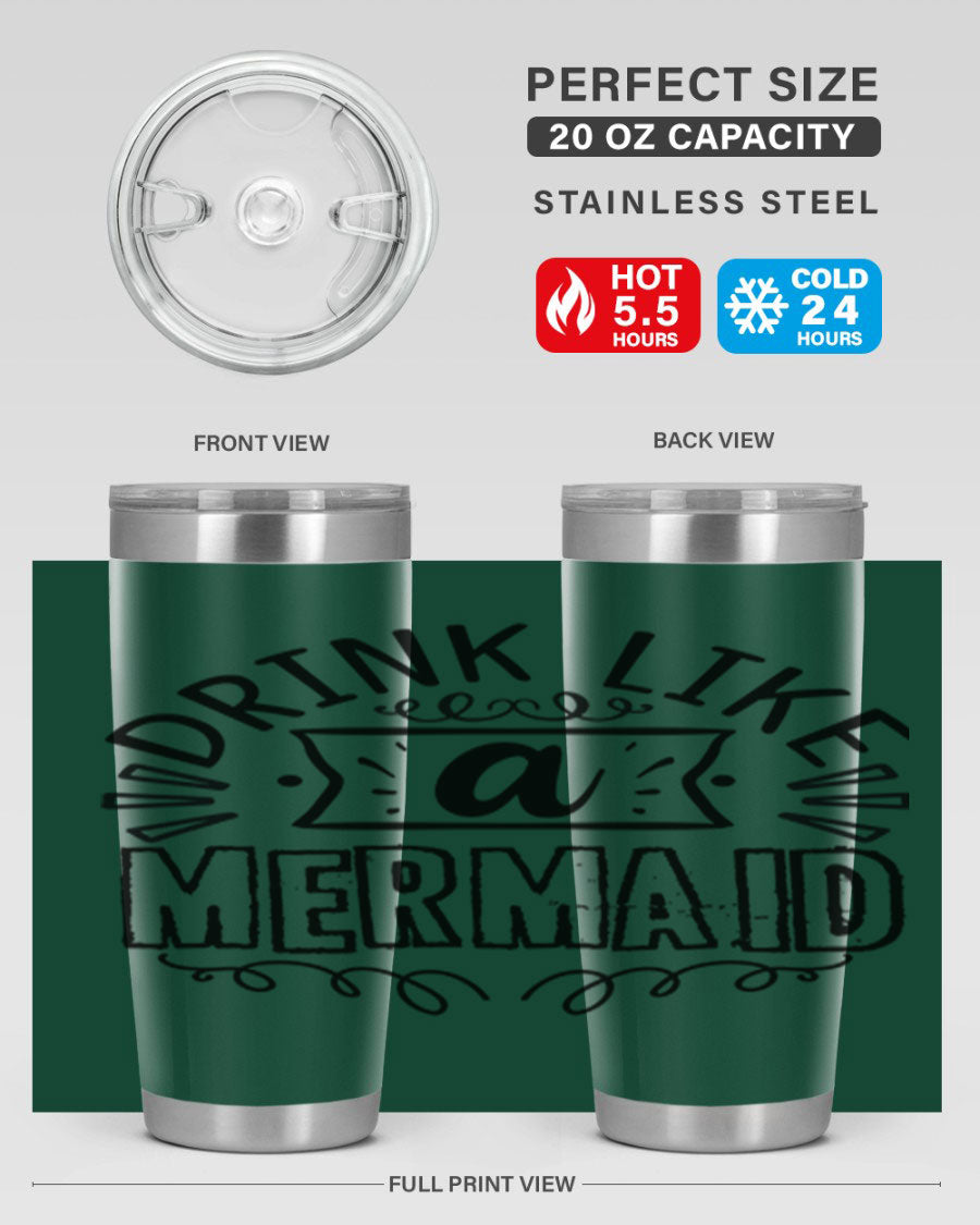 A vibrant 20oz stainless steel tumbler featuring a mermaid design, showcasing its double wall vacuum insulation and drink-thru lid.