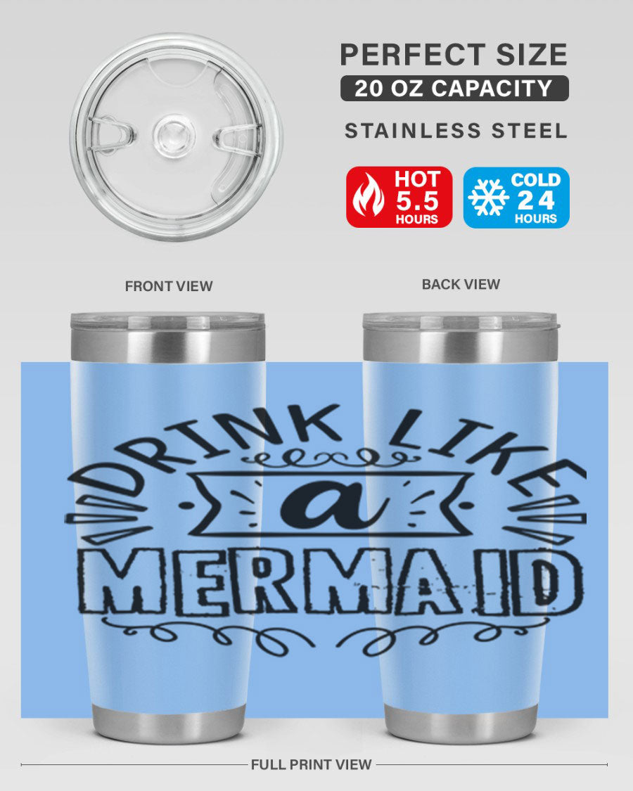A vibrant 20oz stainless steel tumbler featuring a mermaid design, showcasing its double wall vacuum insulation and drink-thru lid.
