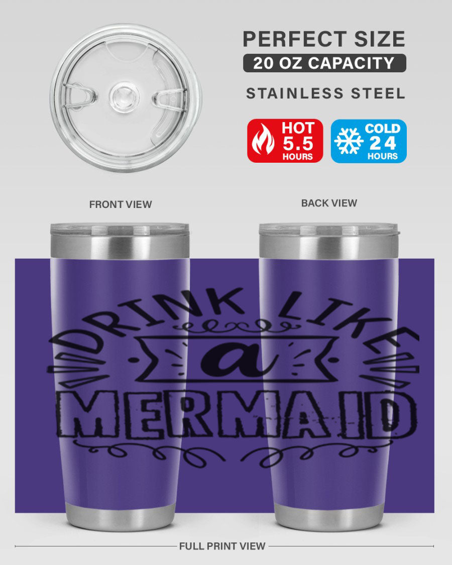 A vibrant 20oz stainless steel tumbler featuring a mermaid design, showcasing its double wall vacuum insulation and drink-thru lid.
