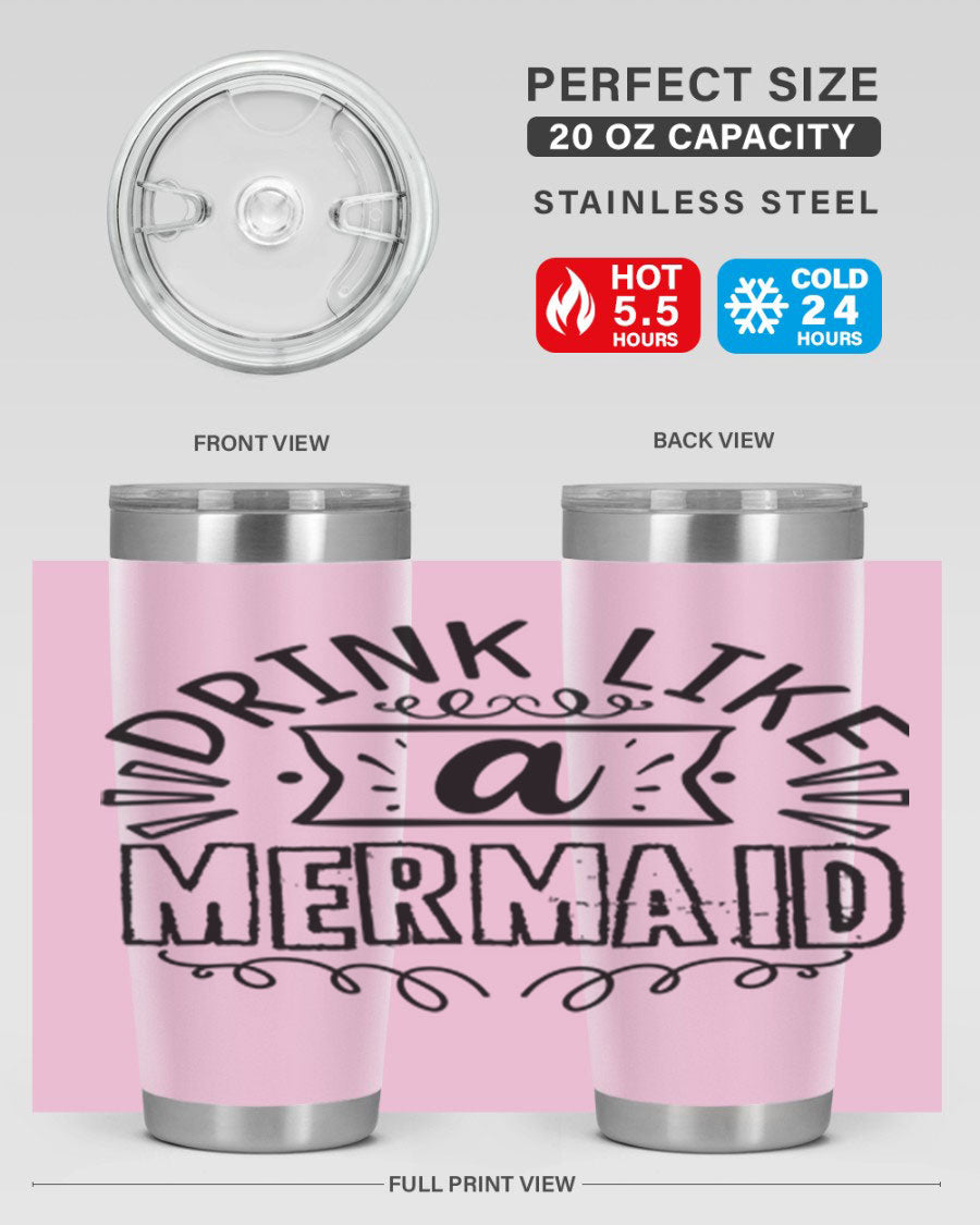 A vibrant 20oz stainless steel tumbler featuring a mermaid design, showcasing its double wall vacuum insulation and drink-thru lid.
