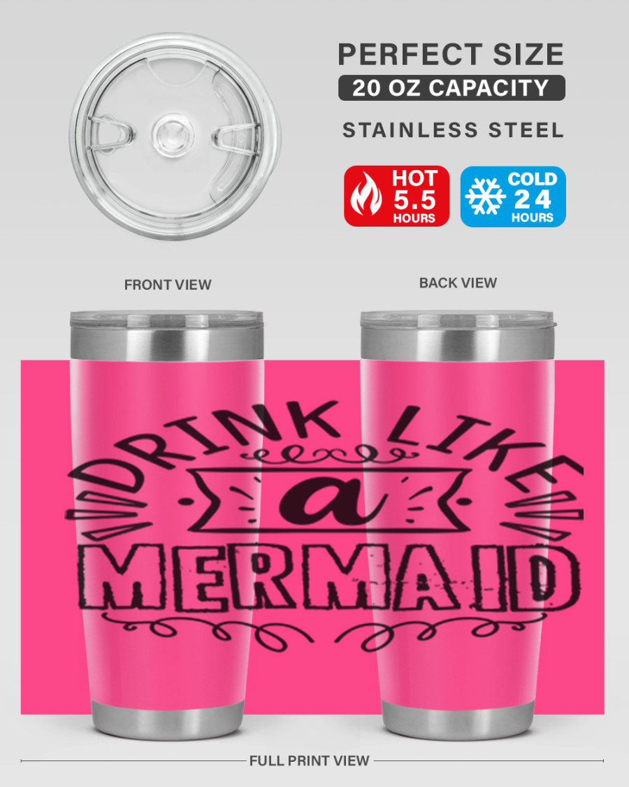 A vibrant 20oz stainless steel tumbler featuring a mermaid design, showcasing its double wall vacuum insulation and drink-thru lid.