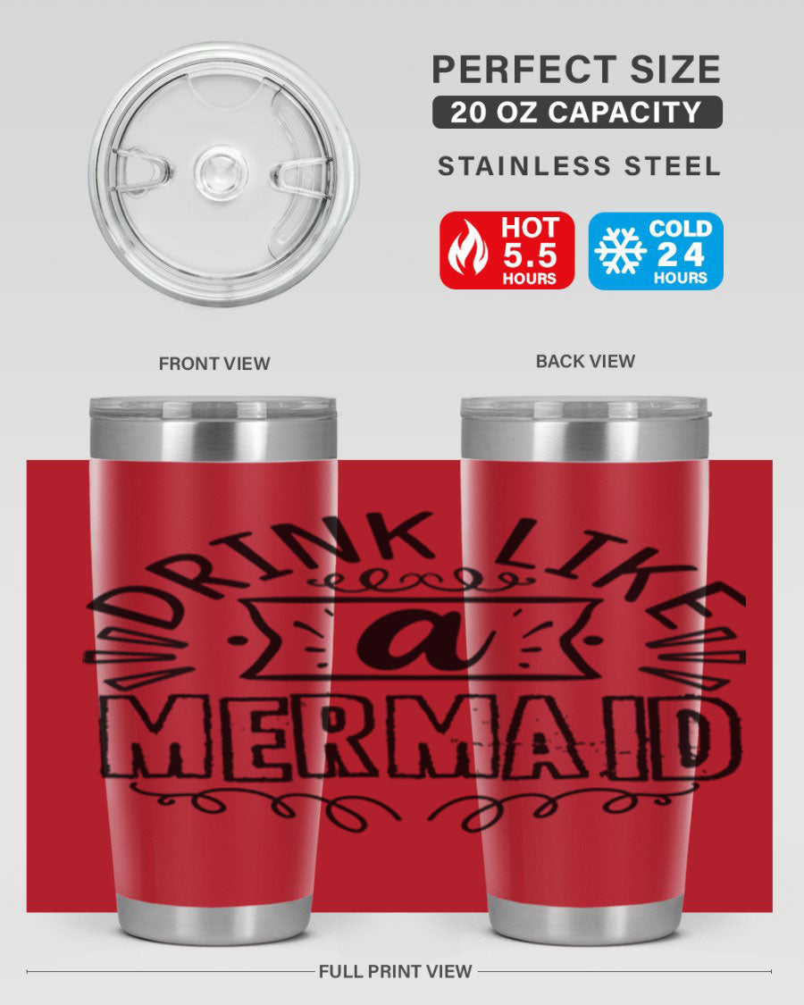 A vibrant 20oz stainless steel tumbler featuring a mermaid design, showcasing its double wall vacuum insulation and drink-thru lid.