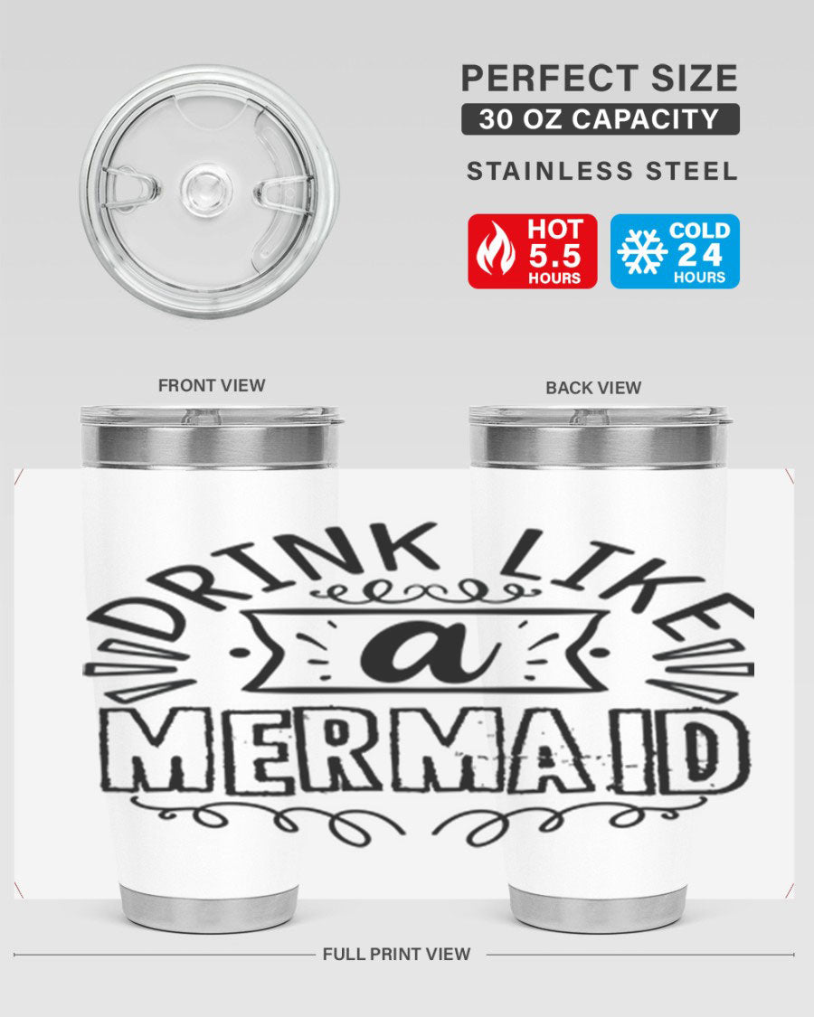 A vibrant 20oz stainless steel tumbler featuring a mermaid design, showcasing its double wall vacuum insulation and drink-thru lid.