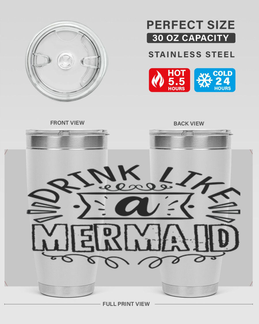 A vibrant 20oz stainless steel tumbler featuring a mermaid design, showcasing its double wall vacuum insulation and drink-thru lid.