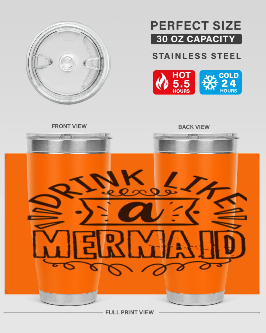 A vibrant 20oz stainless steel tumbler featuring a mermaid design, showcasing its double wall vacuum insulation and drink-thru lid.
