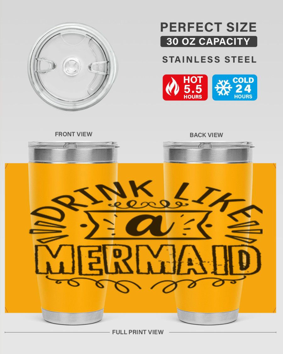 A vibrant 20oz stainless steel tumbler featuring a mermaid design, showcasing its double wall vacuum insulation and drink-thru lid.