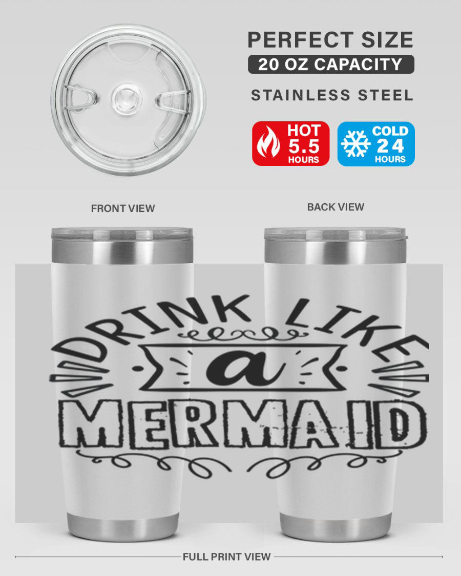 A vibrant 20oz stainless steel tumbler featuring a mermaid design, showcasing its double wall vacuum insulation and drink-thru lid.