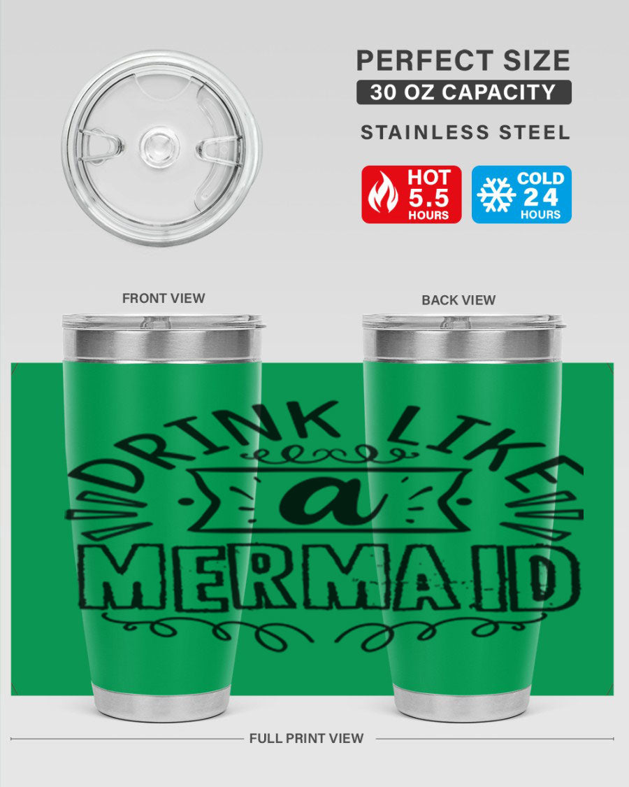 A vibrant 20oz stainless steel tumbler featuring a mermaid design, showcasing its double wall vacuum insulation and drink-thru lid.