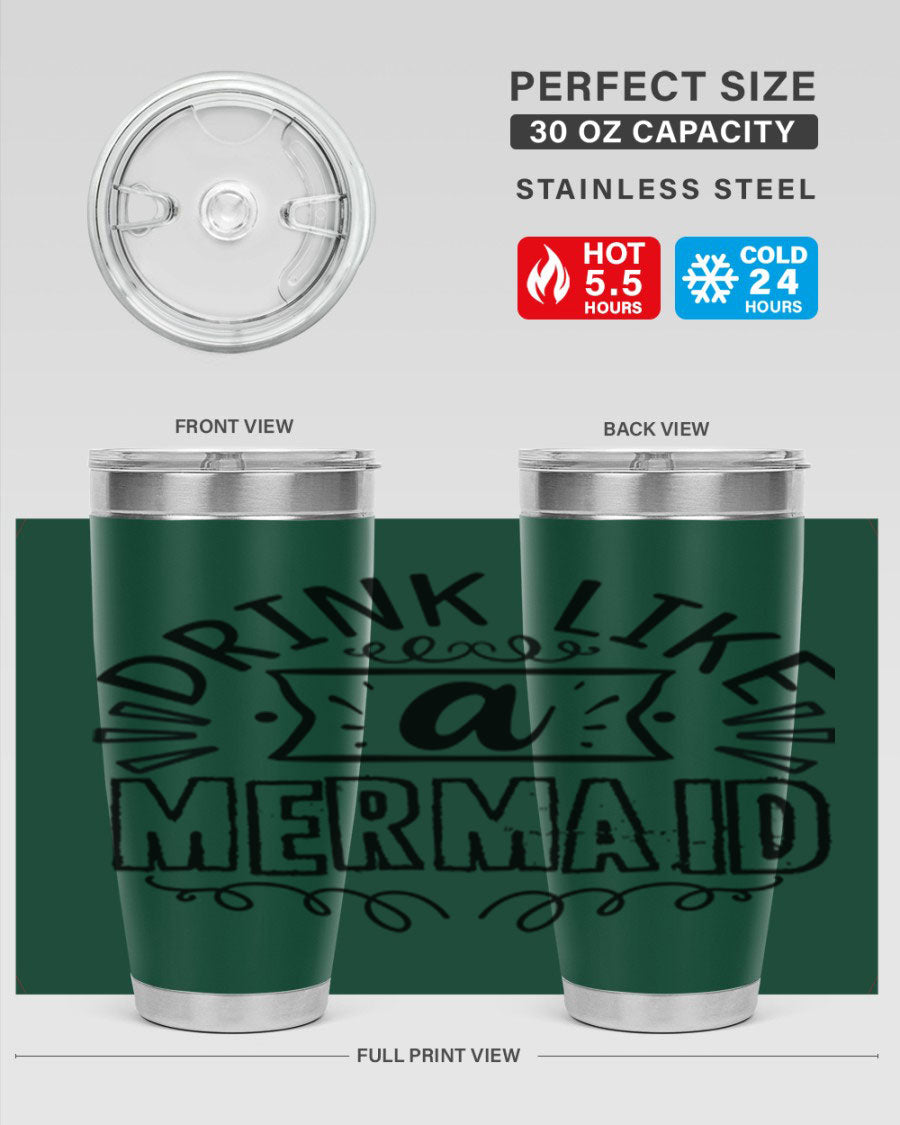A vibrant 20oz stainless steel tumbler featuring a mermaid design, showcasing its double wall vacuum insulation and drink-thru lid.