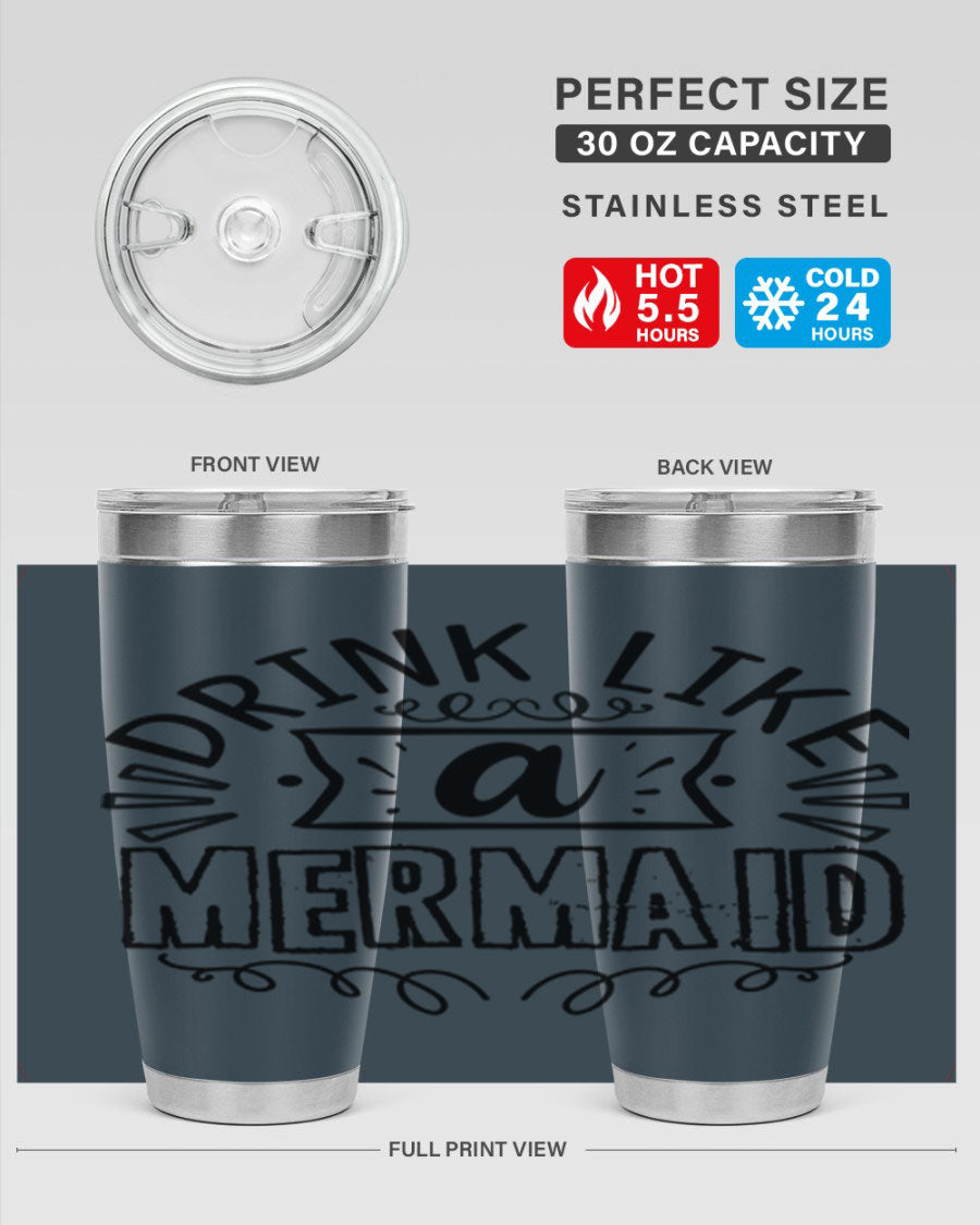A vibrant 20oz stainless steel tumbler featuring a mermaid design, showcasing its double wall vacuum insulation and drink-thru lid.