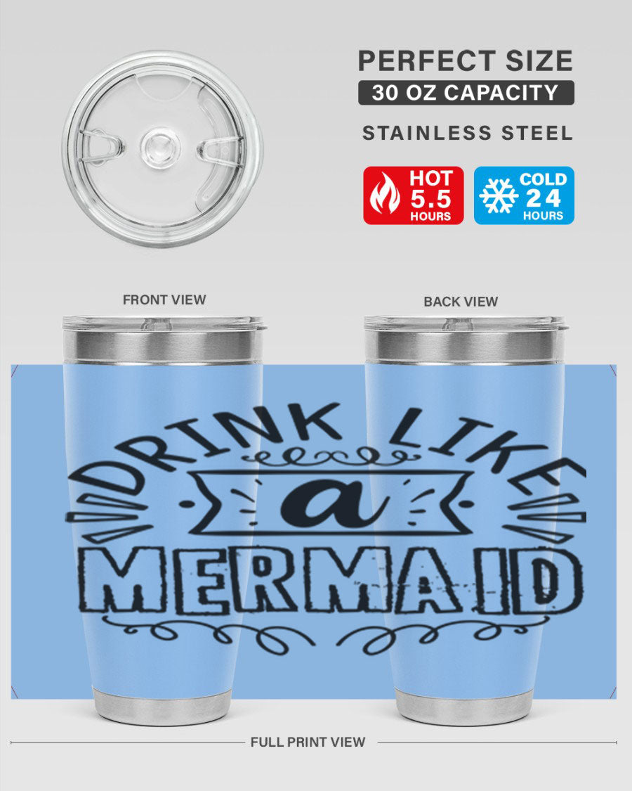 A vibrant 20oz stainless steel tumbler featuring a mermaid design, showcasing its double wall vacuum insulation and drink-thru lid.