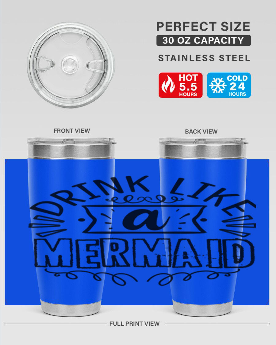 A vibrant 20oz stainless steel tumbler featuring a mermaid design, showcasing its double wall vacuum insulation and drink-thru lid.