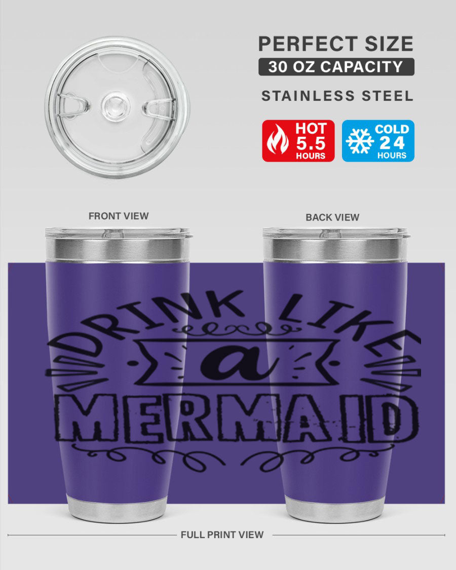 A vibrant 20oz stainless steel tumbler featuring a mermaid design, showcasing its double wall vacuum insulation and drink-thru lid.