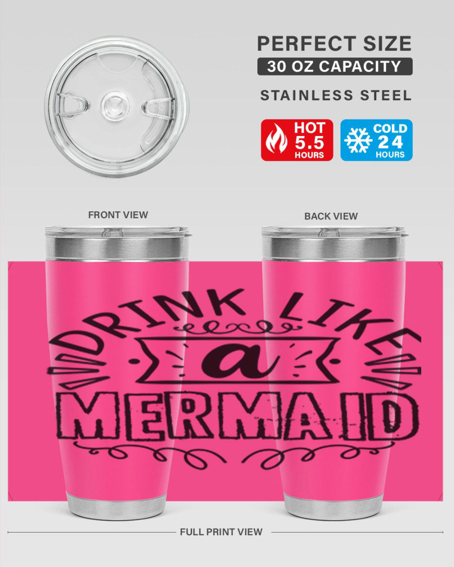 A vibrant 20oz stainless steel tumbler featuring a mermaid design, showcasing its double wall vacuum insulation and drink-thru lid.