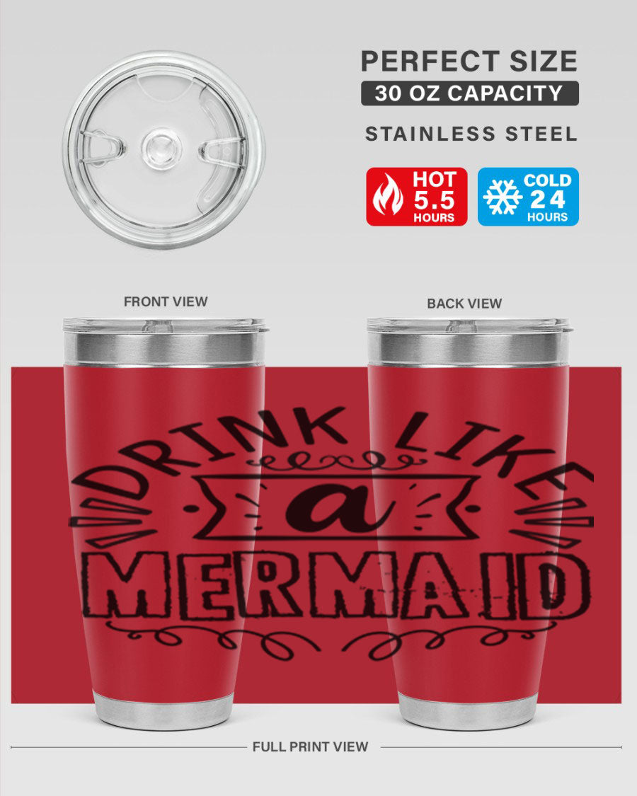 A vibrant 20oz stainless steel tumbler featuring a mermaid design, showcasing its double wall vacuum insulation and drink-thru lid.