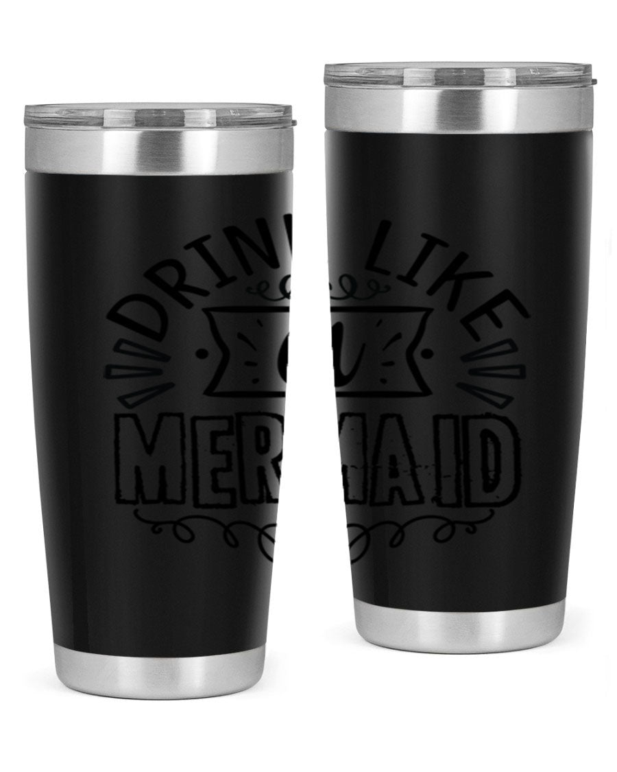 A vibrant 20oz stainless steel tumbler featuring a mermaid design, showcasing its double wall vacuum insulation and drink-thru lid.