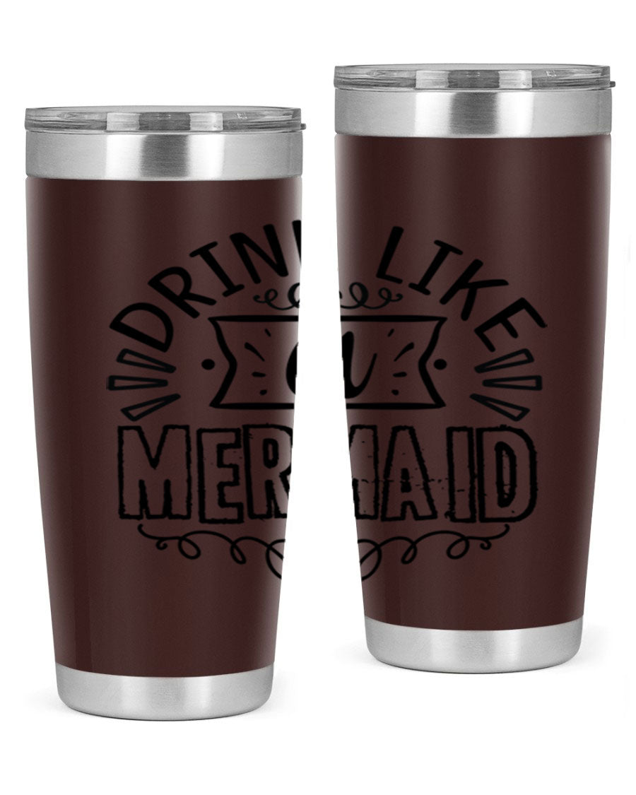 A vibrant 20oz stainless steel tumbler featuring a mermaid design, showcasing its double wall vacuum insulation and drink-thru lid.