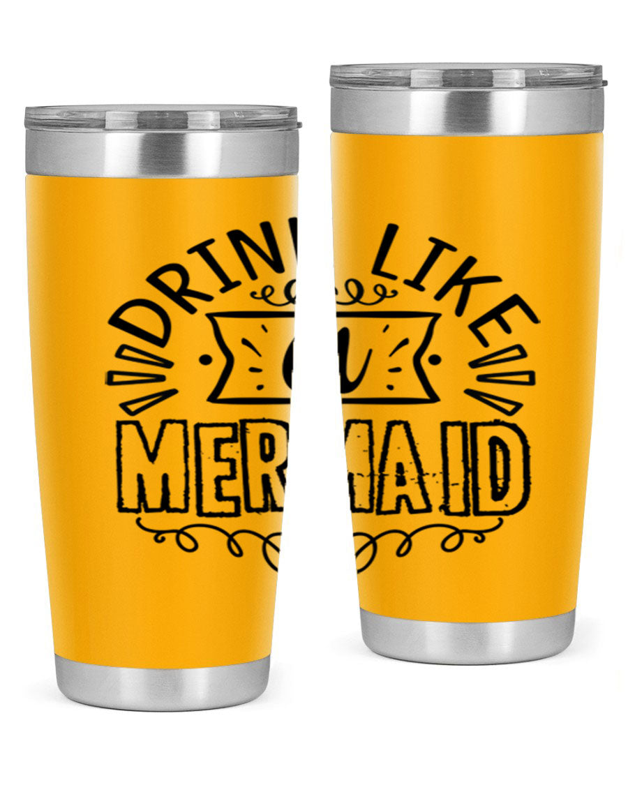 A vibrant 20oz stainless steel tumbler featuring a mermaid design, showcasing its double wall vacuum insulation and drink-thru lid.