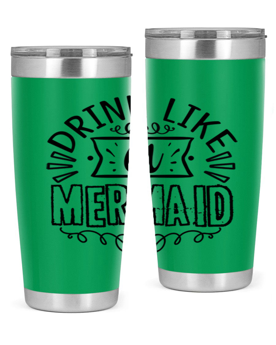 A vibrant 20oz stainless steel tumbler featuring a mermaid design, showcasing its double wall vacuum insulation and drink-thru lid.