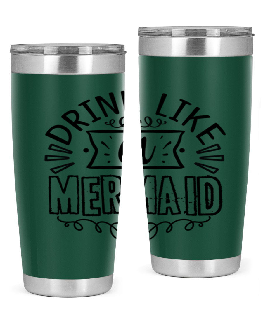 A vibrant 20oz stainless steel tumbler featuring a mermaid design, showcasing its double wall vacuum insulation and drink-thru lid.