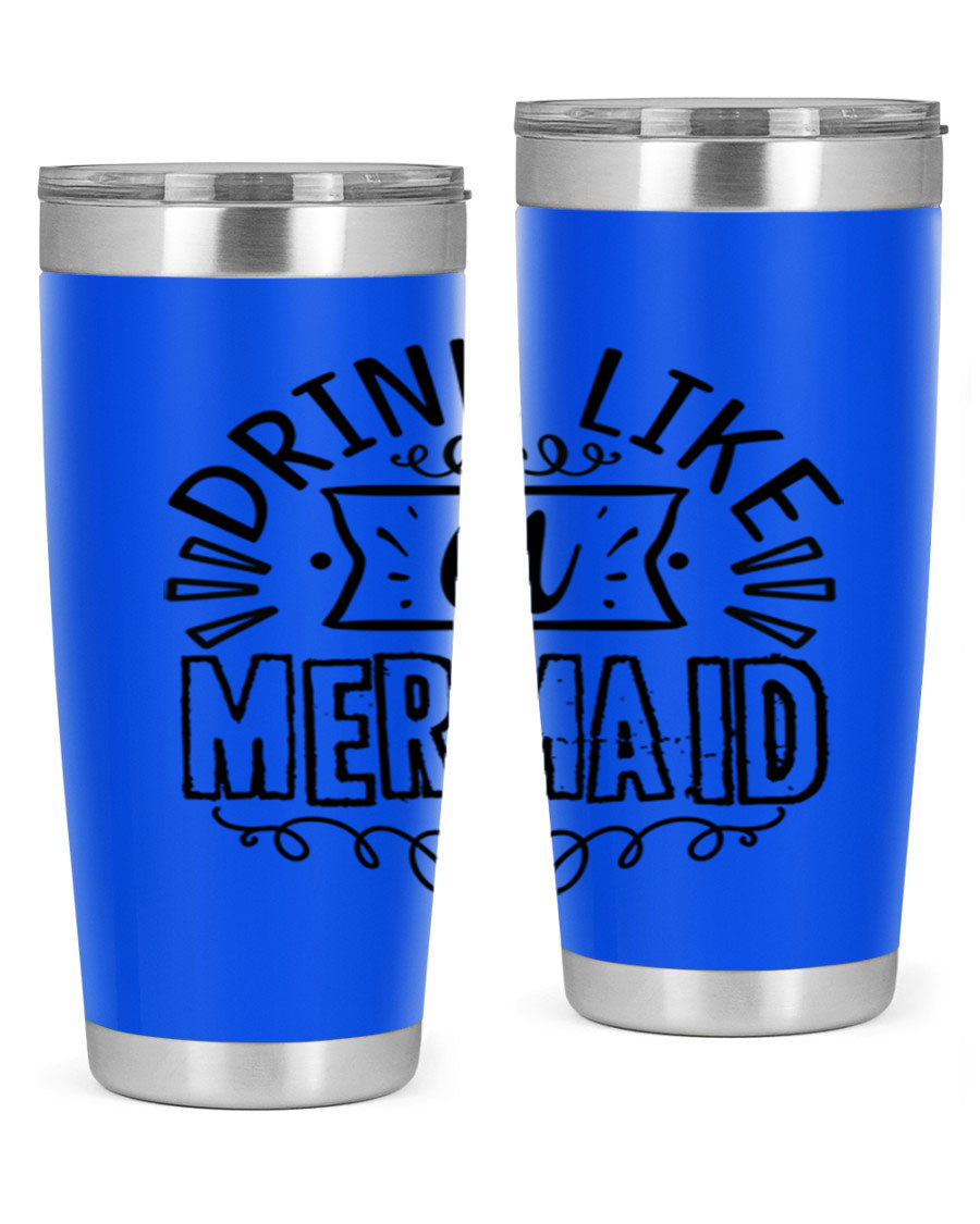 A vibrant 20oz stainless steel tumbler featuring a mermaid design, showcasing its double wall vacuum insulation and drink-thru lid.