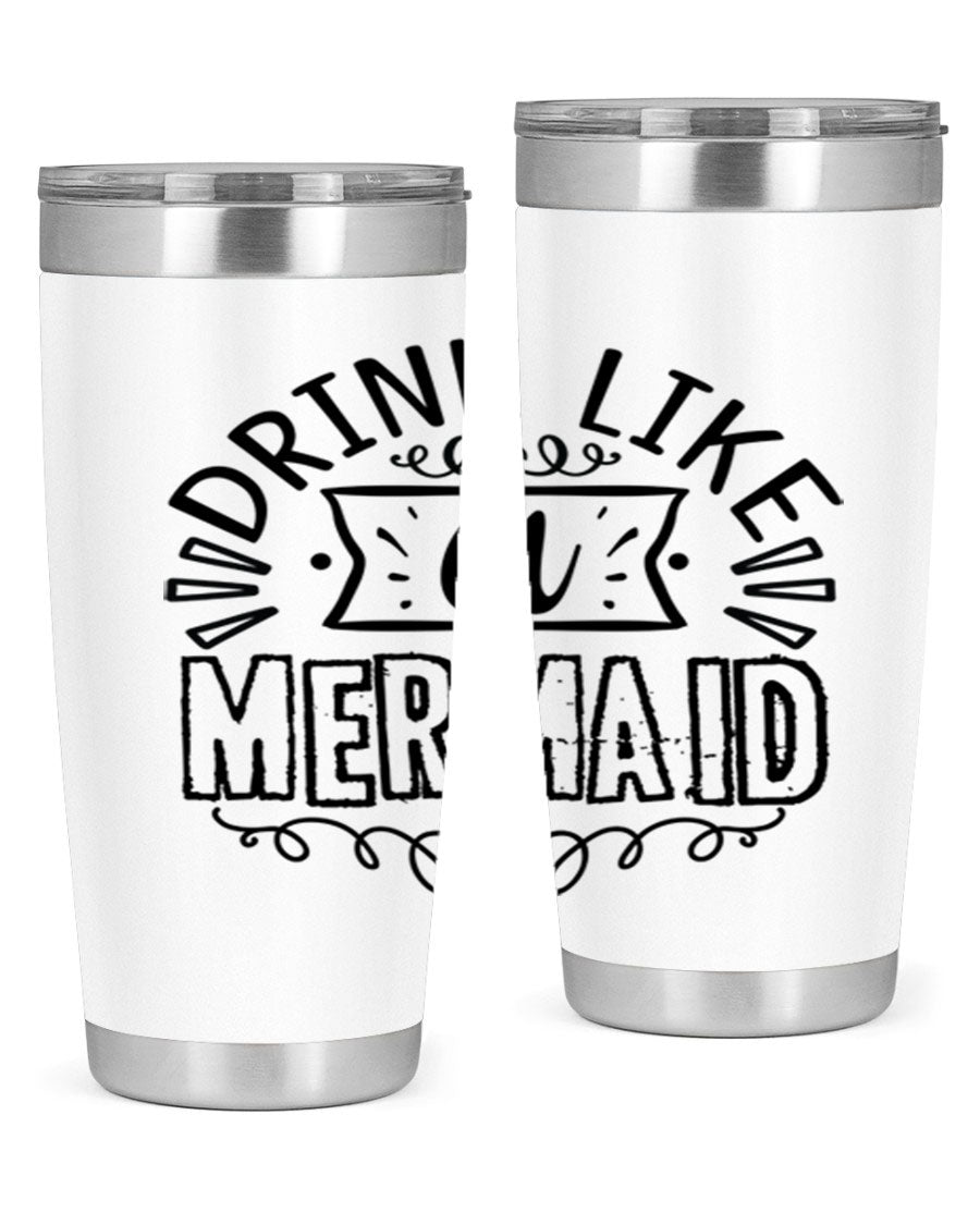 A vibrant 20oz stainless steel tumbler featuring a mermaid design, showcasing its double wall vacuum insulation and drink-thru lid.