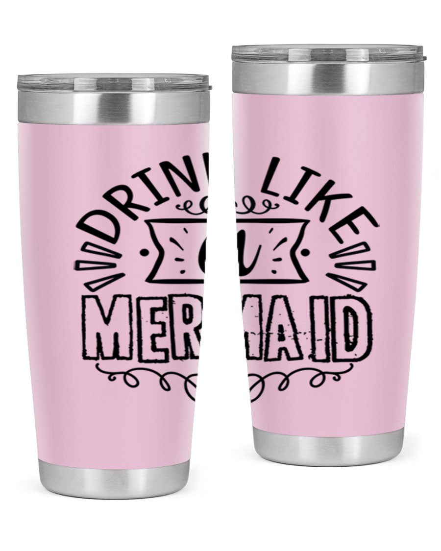 A vibrant 20oz stainless steel tumbler featuring a mermaid design, showcasing its double wall vacuum insulation and drink-thru lid.