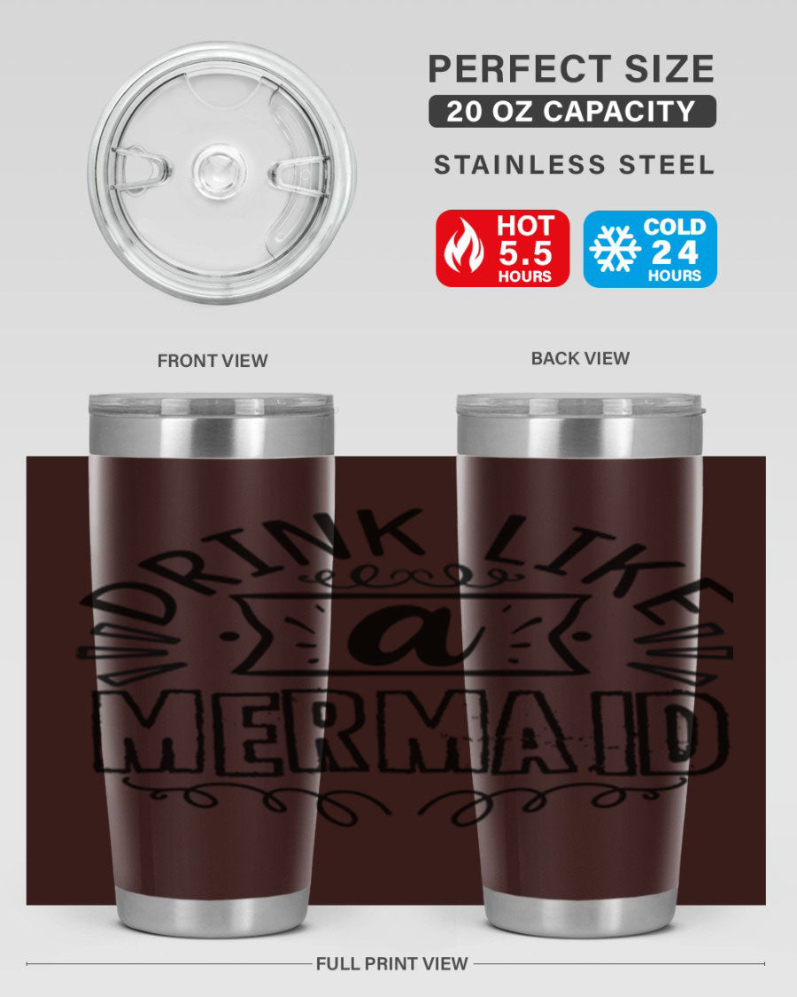 A vibrant 20oz stainless steel tumbler featuring a mermaid design, showcasing its double wall vacuum insulation and drink-thru lid.