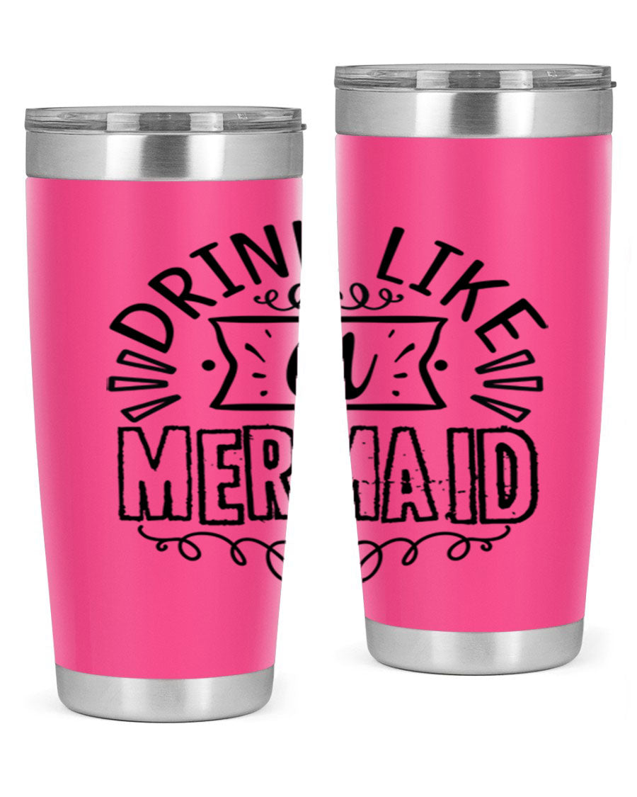 A vibrant 20oz stainless steel tumbler featuring a mermaid design, showcasing its double wall vacuum insulation and drink-thru lid.