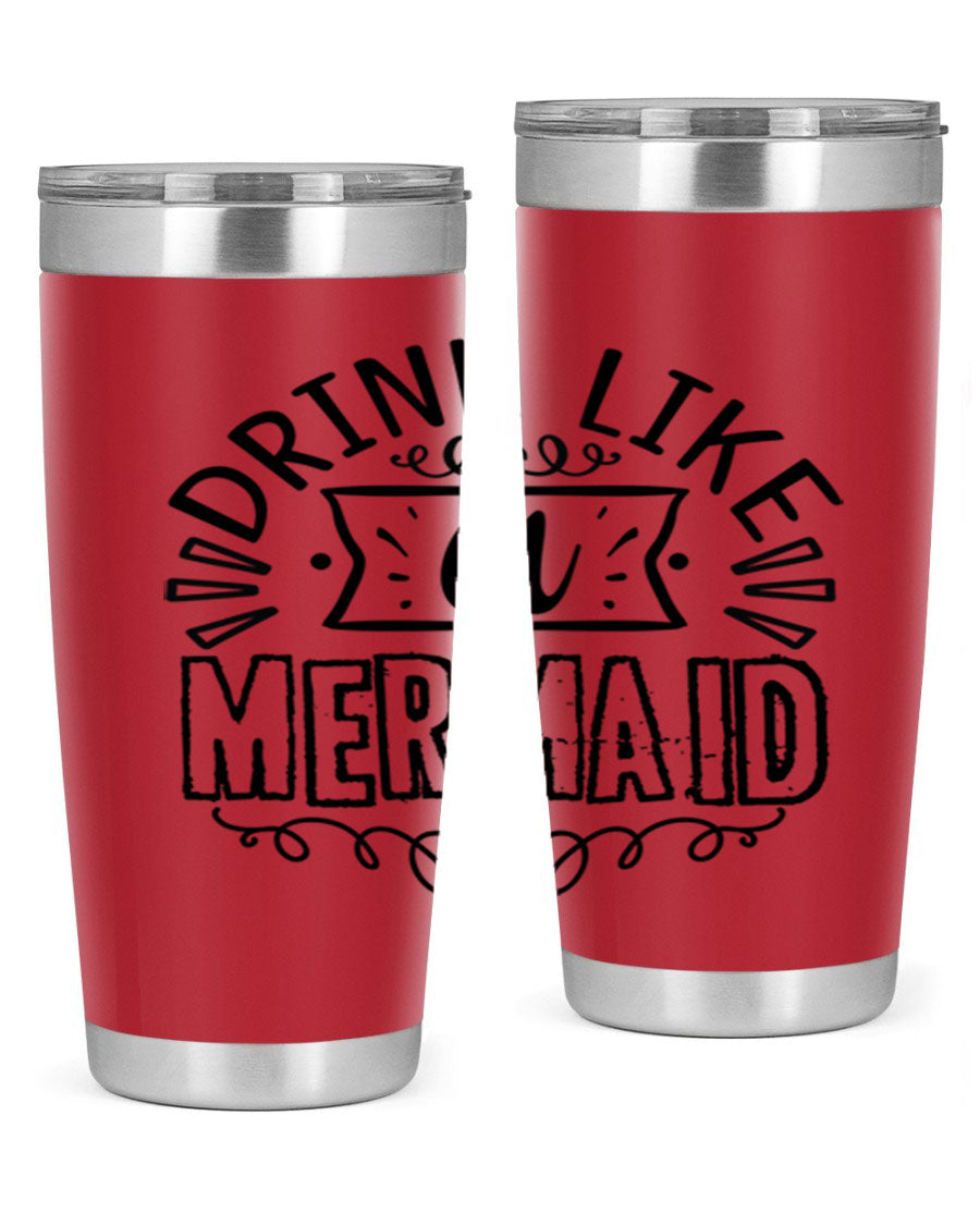 A vibrant 20oz stainless steel tumbler featuring a mermaid design, showcasing its double wall vacuum insulation and drink-thru lid.