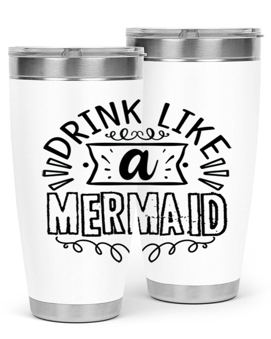 A vibrant 20oz stainless steel tumbler featuring a mermaid design, showcasing its double wall vacuum insulation and drink-thru lid.
