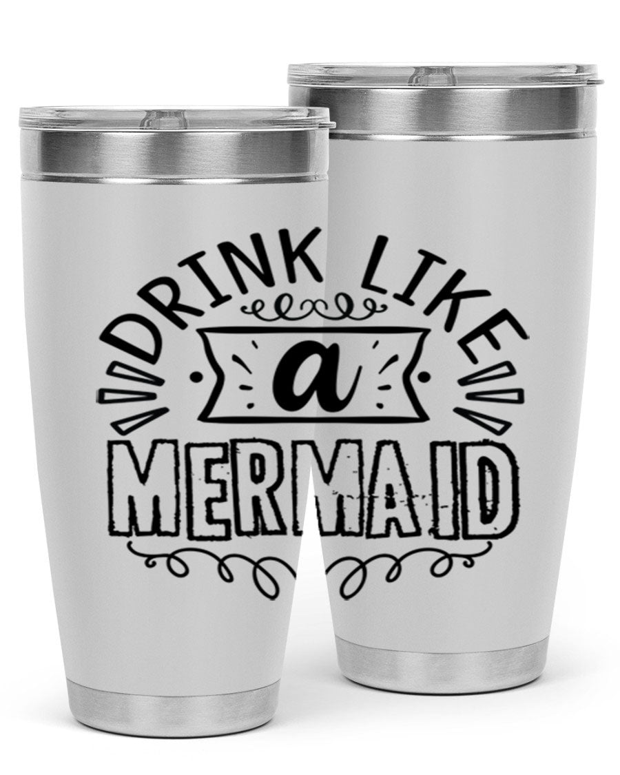 A vibrant 20oz stainless steel tumbler featuring a mermaid design, showcasing its double wall vacuum insulation and drink-thru lid.