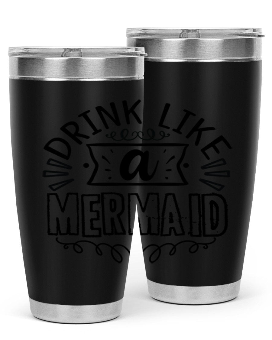 A vibrant 20oz stainless steel tumbler featuring a mermaid design, showcasing its double wall vacuum insulation and drink-thru lid.